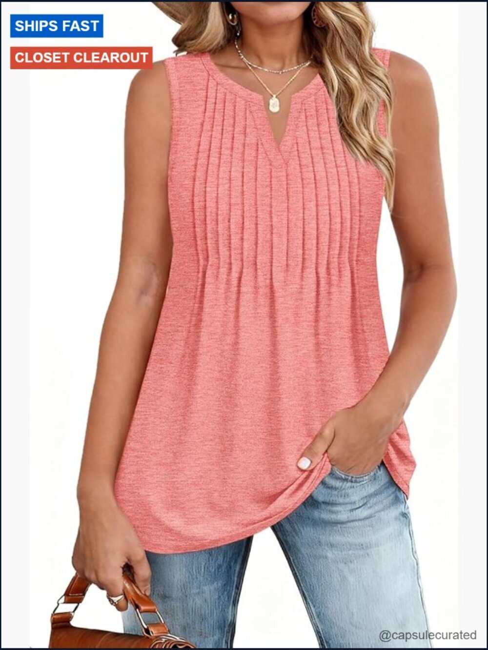 Womens Pleated Tank Top Sleeveless V Neck Flowy Boho Tunic Shirt